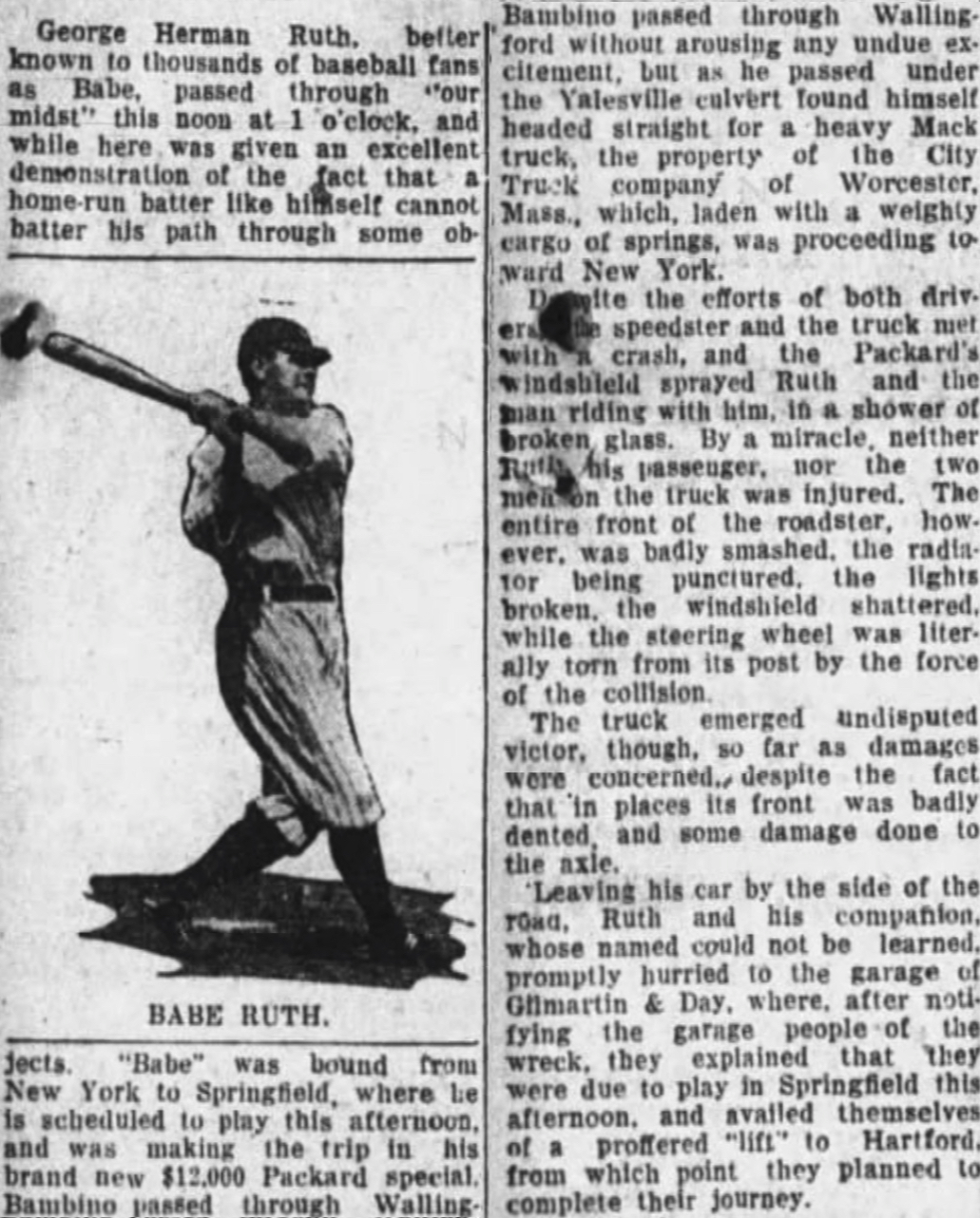Babe Ruth's Connecticut Car Crash 117 1920 Oct 1 Babe Ruth Meriden Connecticut Car Crash