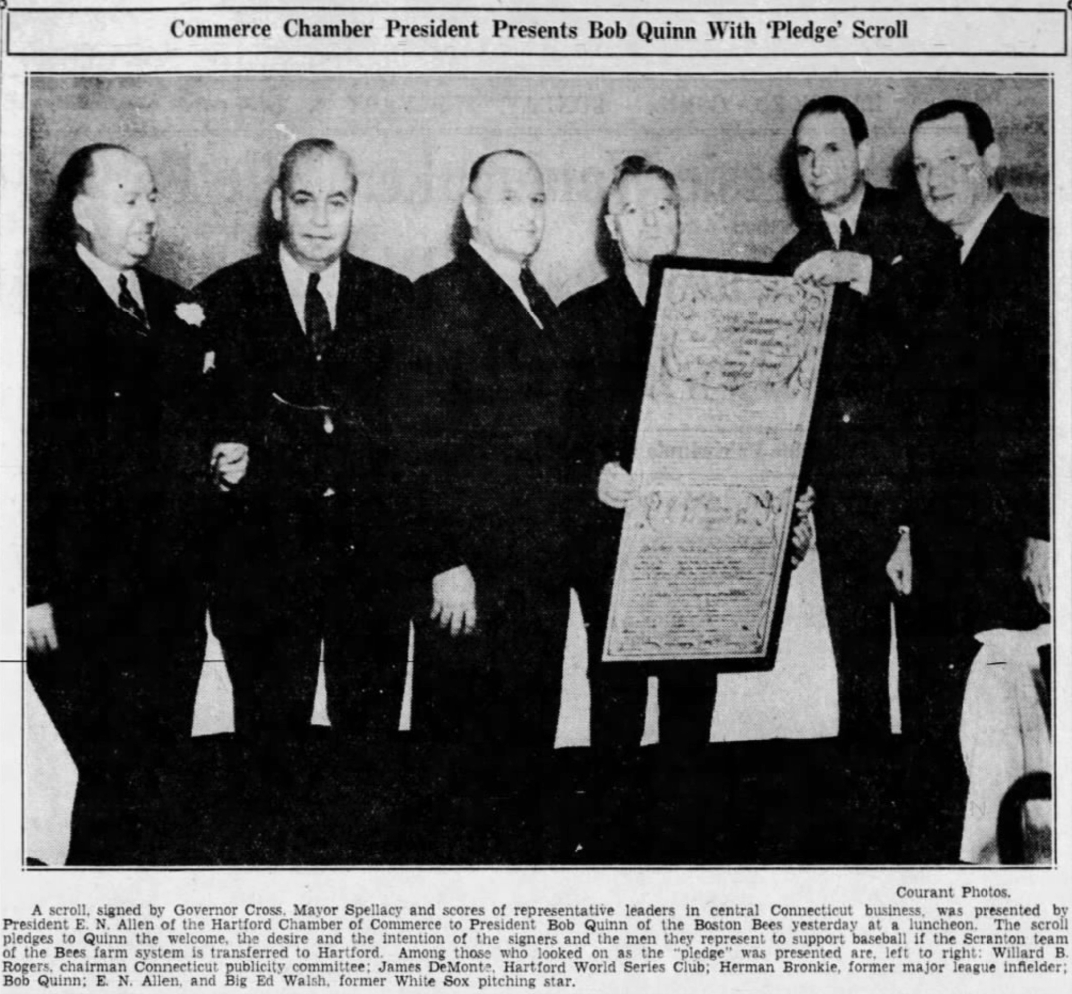 Hartford officials present the Boston Bees with an official pledge of support, 1938