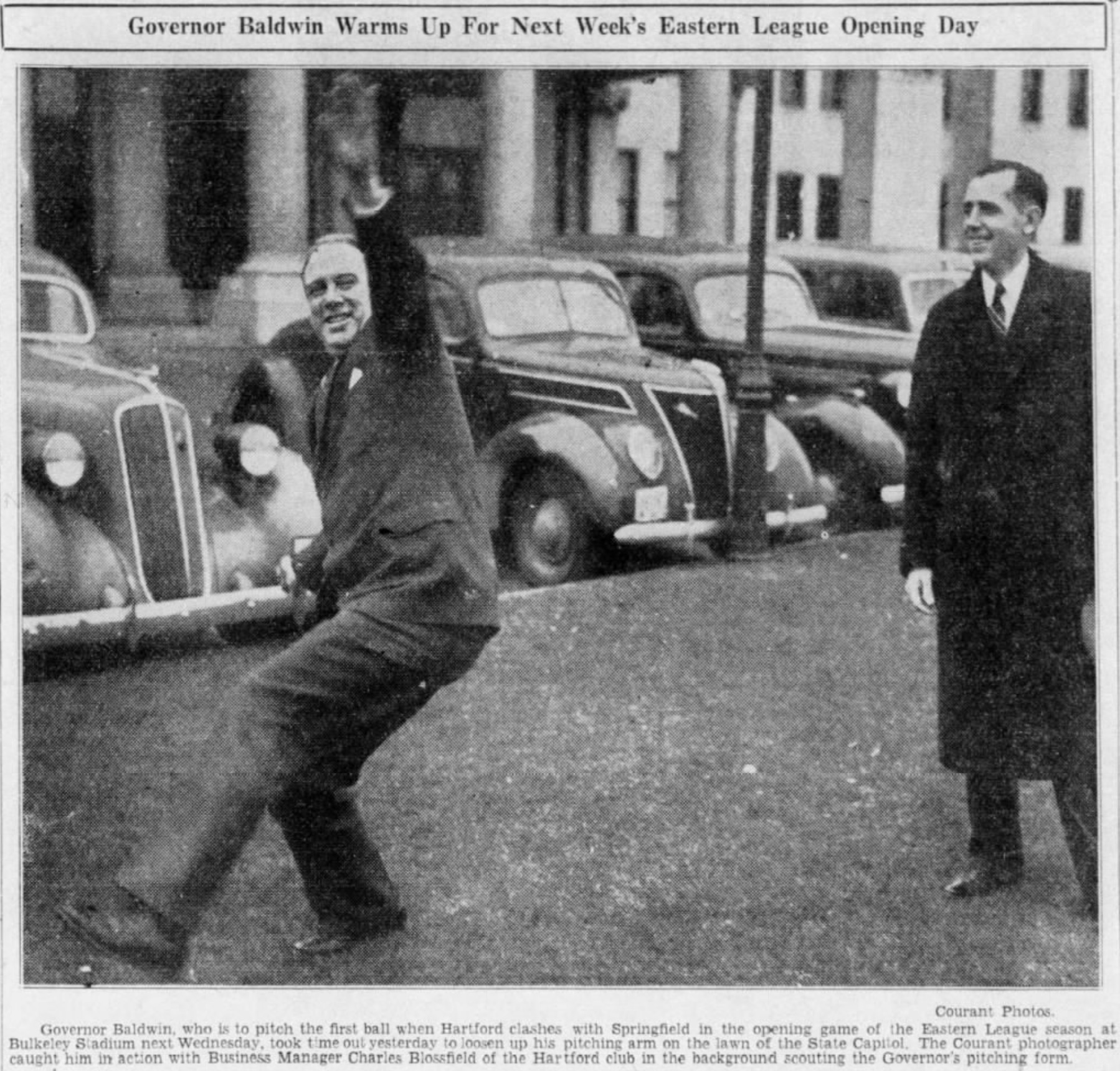 Governor Baldwin warming up his arm at the Connecticut State Capitol Building, 1939.