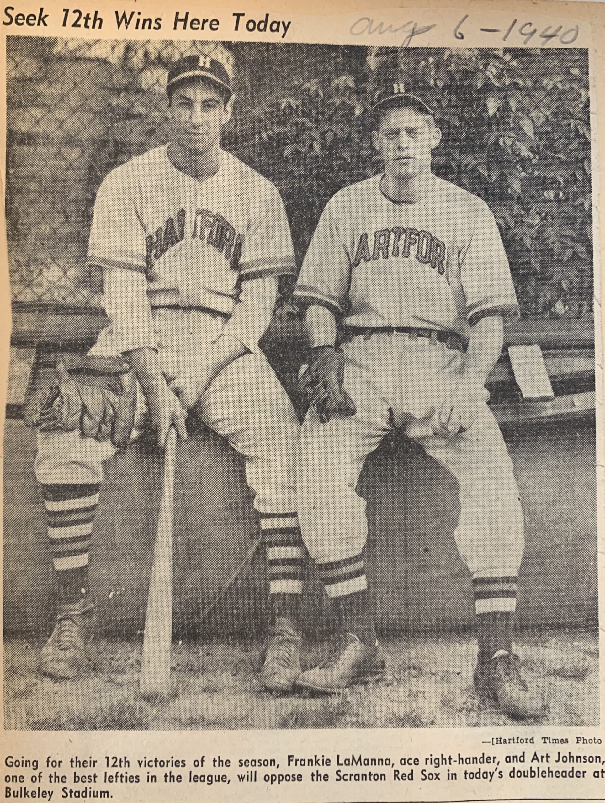 Frankie LaManna (left) and Art Johnson, Pitchers, Hartford Bees, 1940.