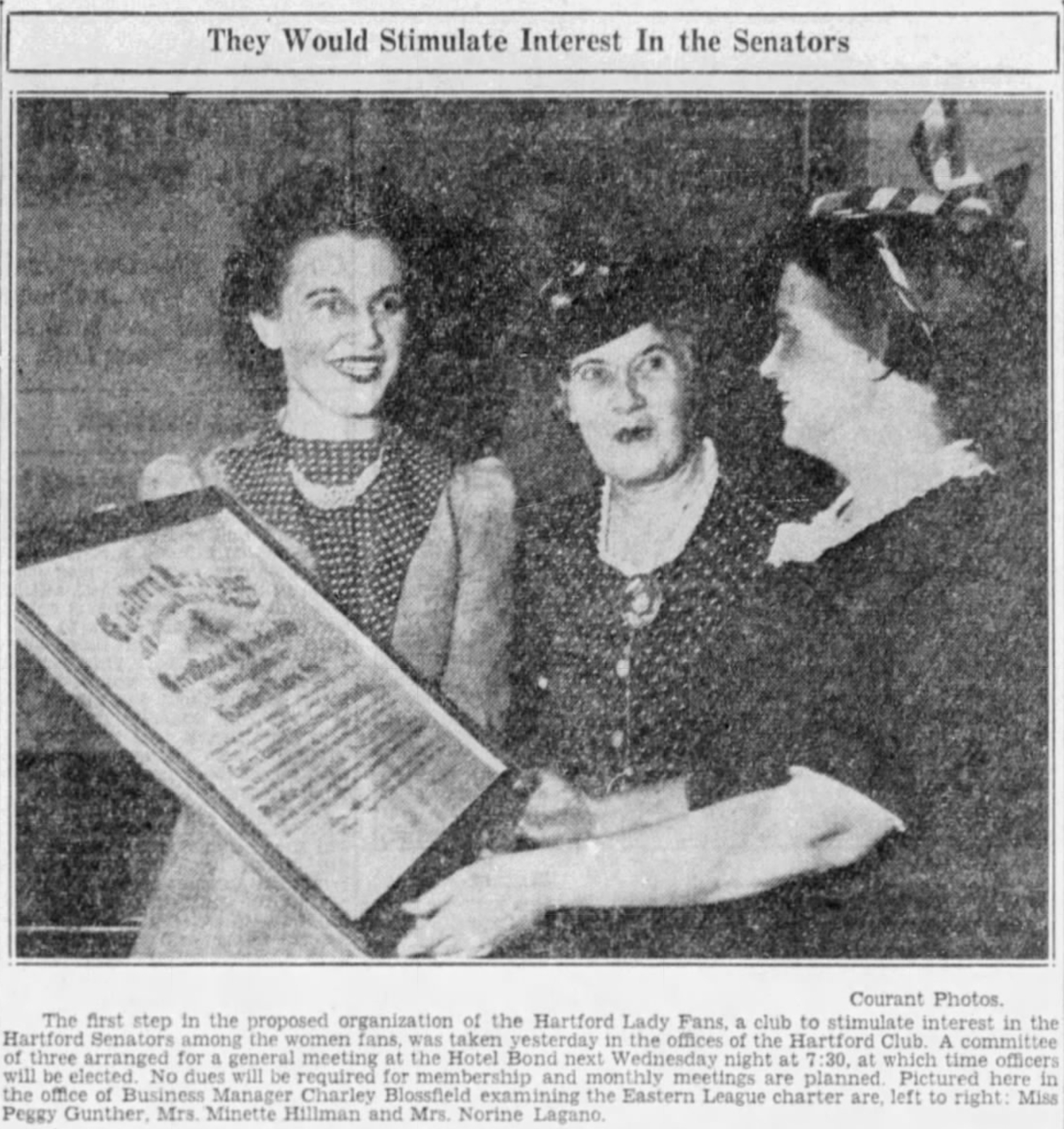 Hartford Lady Fans proposes a new organization to support Hartford, 1940.
