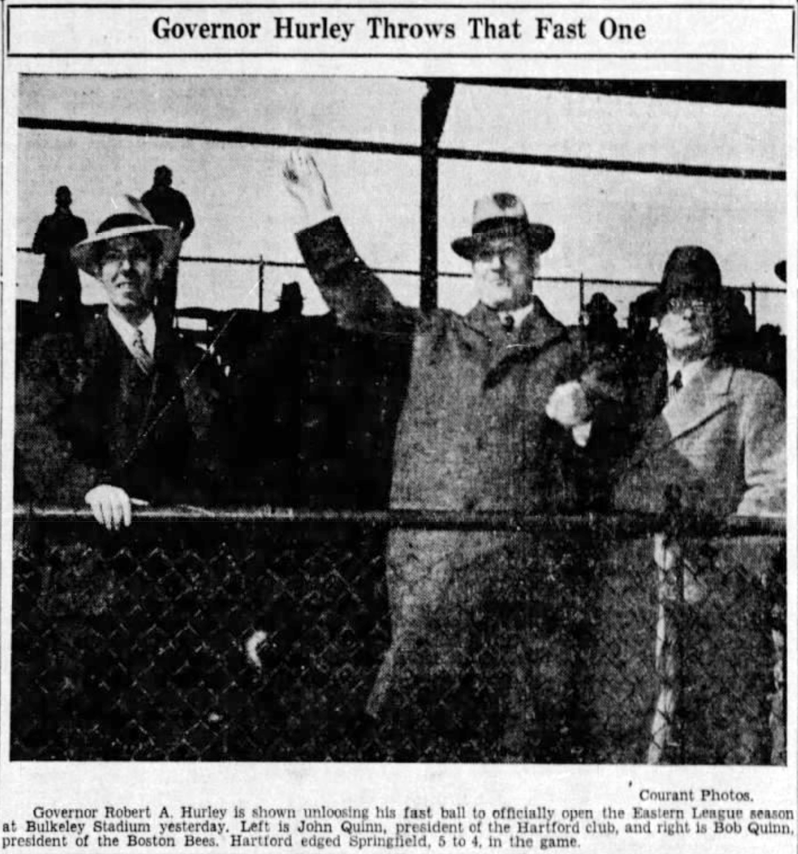 Governor Robert A. Hurley throws out the ceremonial first pitch on Opening Day of the Hartford Bees at Bulkeley Stadium, 1941.