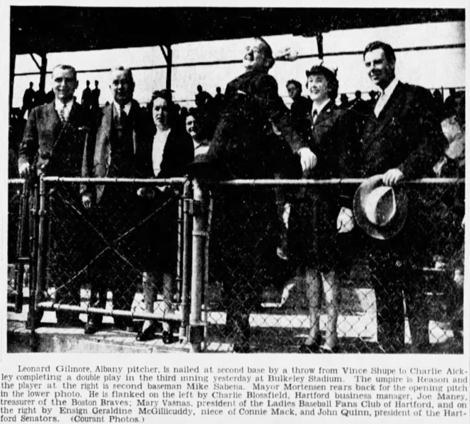 Mayor Mortensen throws out ball of Opening Day, 1944.