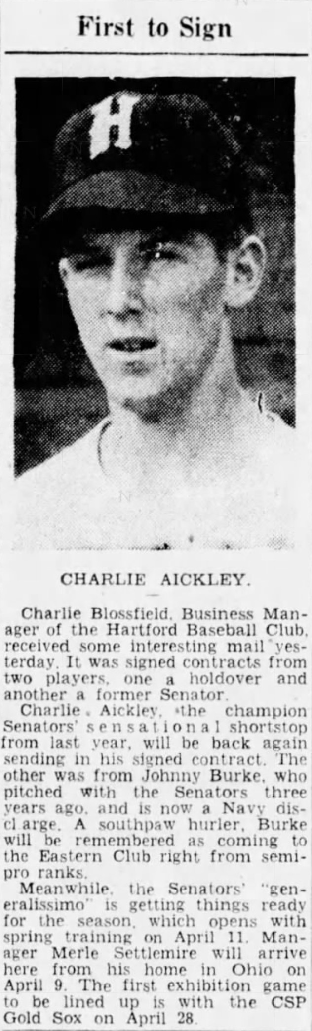 Charlie Aickley, Shortstop, Hartford Senators, 1945.