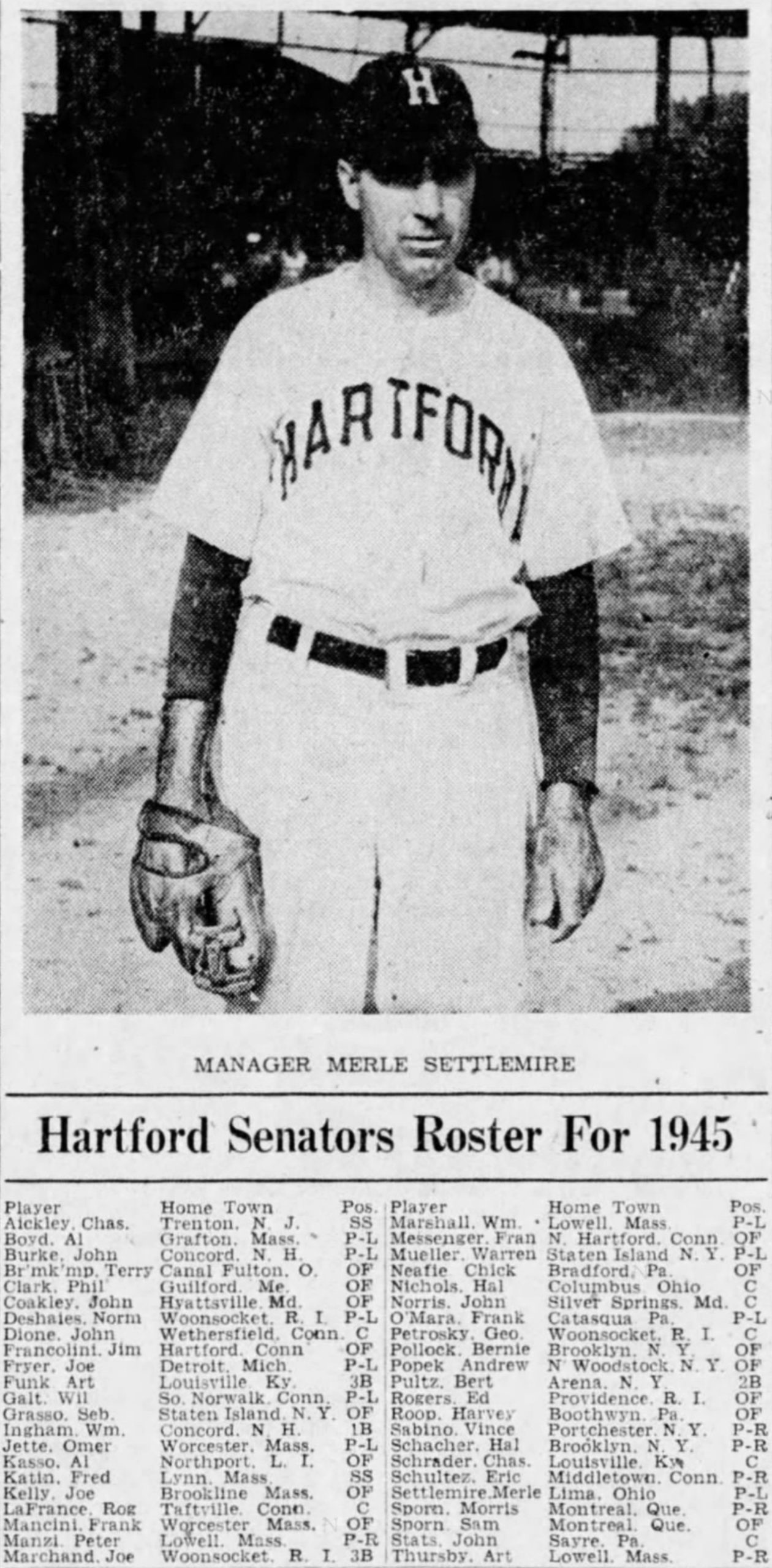 Merle Settlemire, Manager, Hartford Senators, 1945.