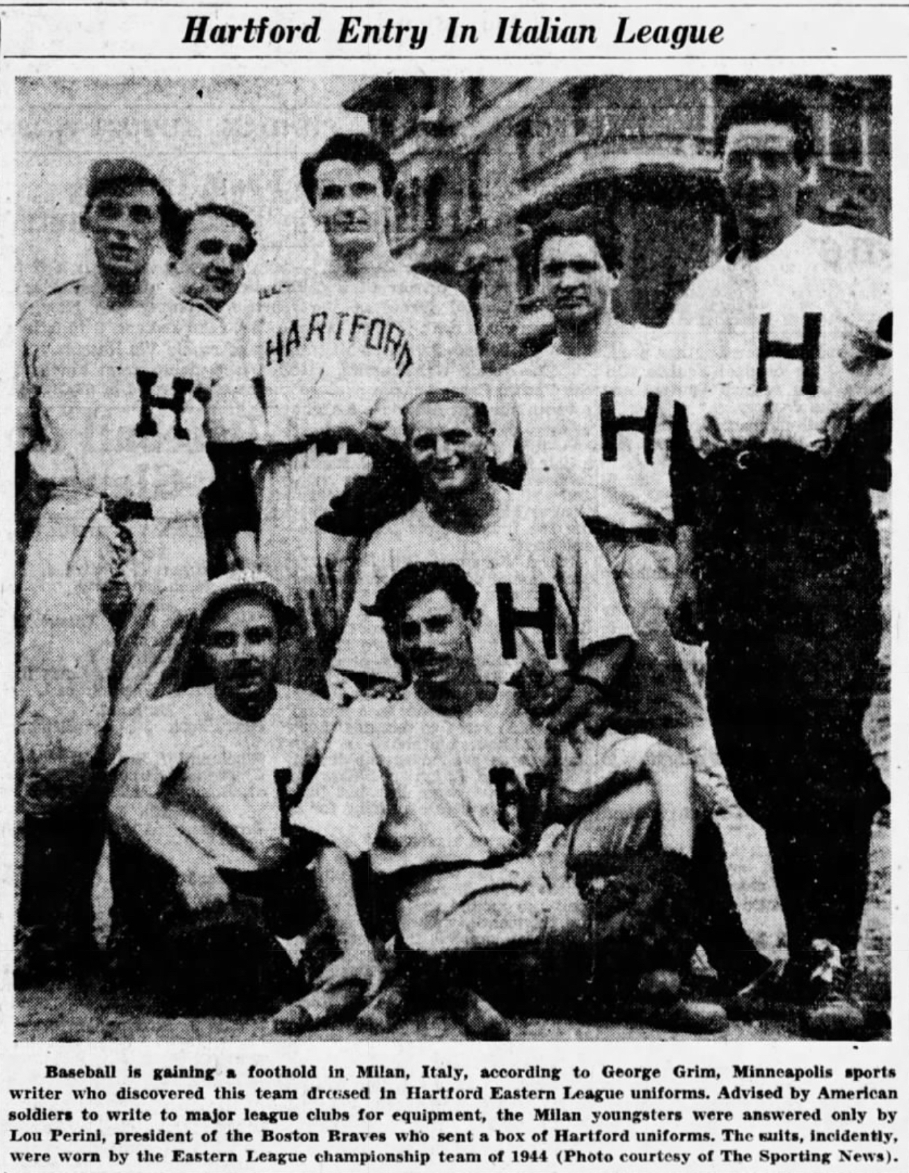 Young Italians boy wearing Hartford baseball uniforms, 1947.