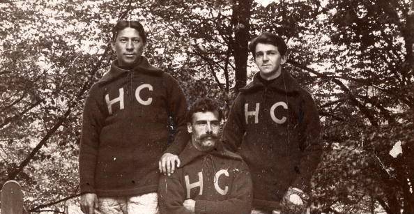 L to R: Louis Sockalexis, Dr. M.R. Powers and Walter Curley, Holy Cross, 1895.