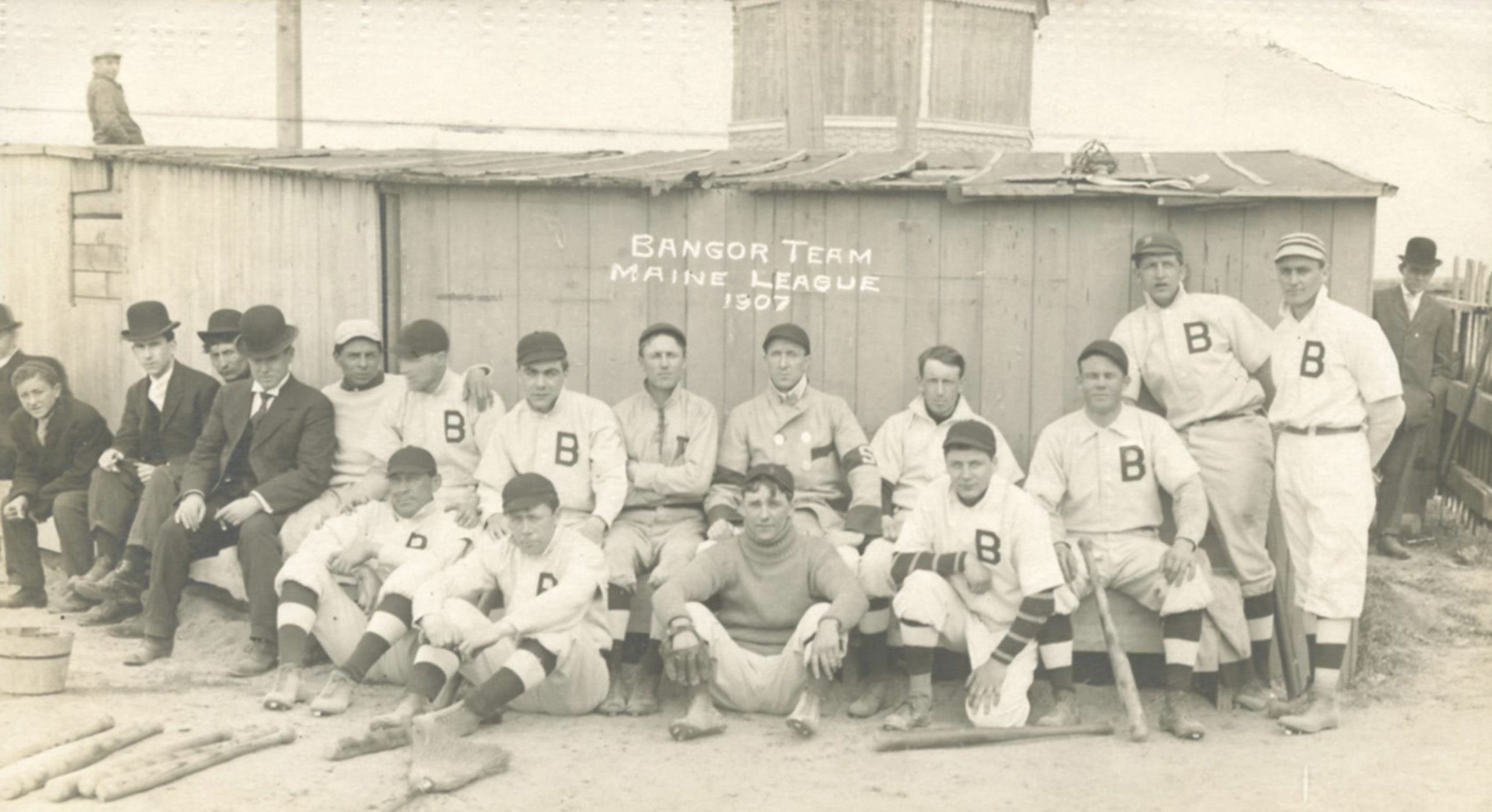 Louis Sockalexis (bottom, left) on the Bangor Baseball Club, Maine League, 1907.