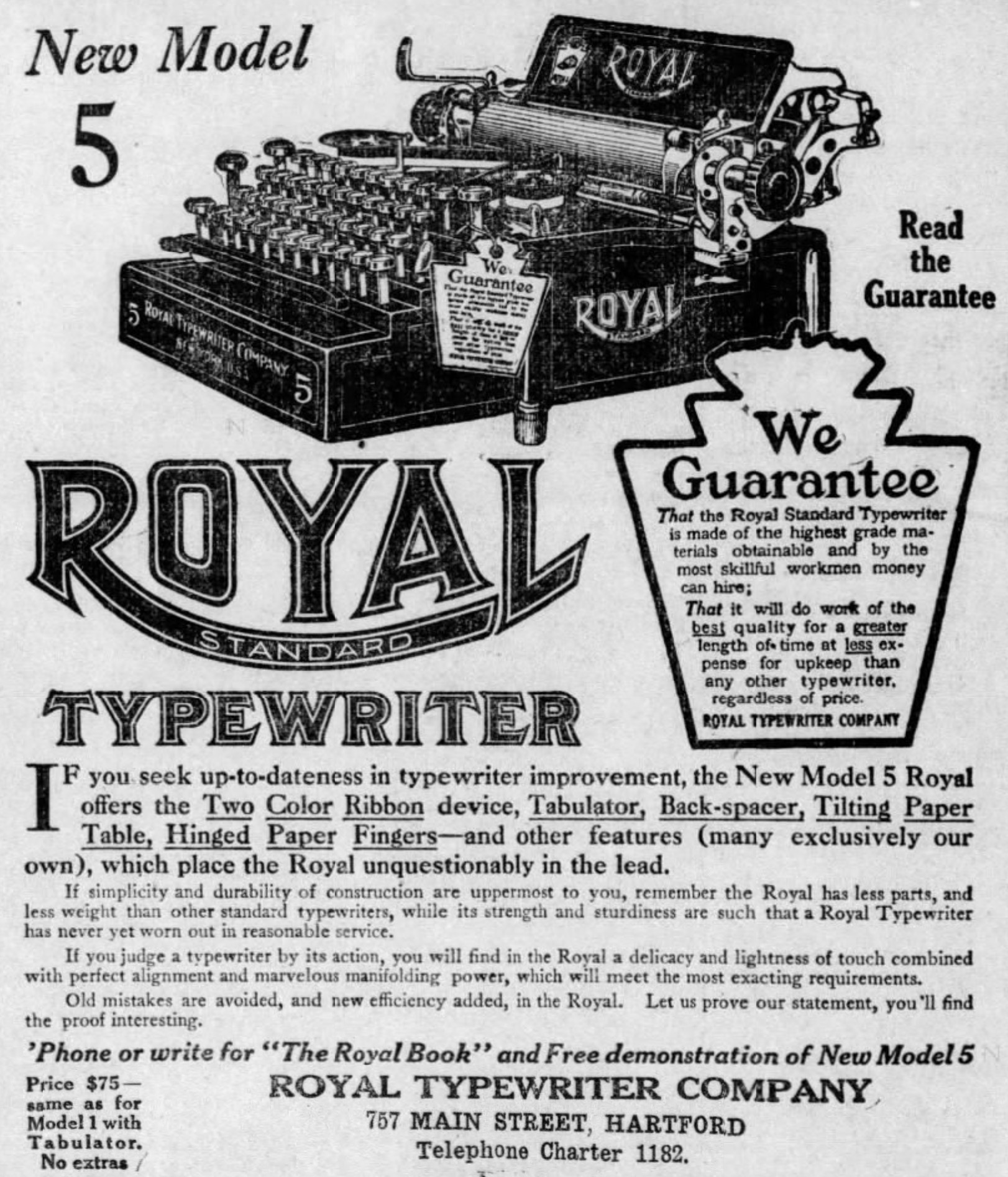 1912 Royal Typewriter Ad Hartford Courant