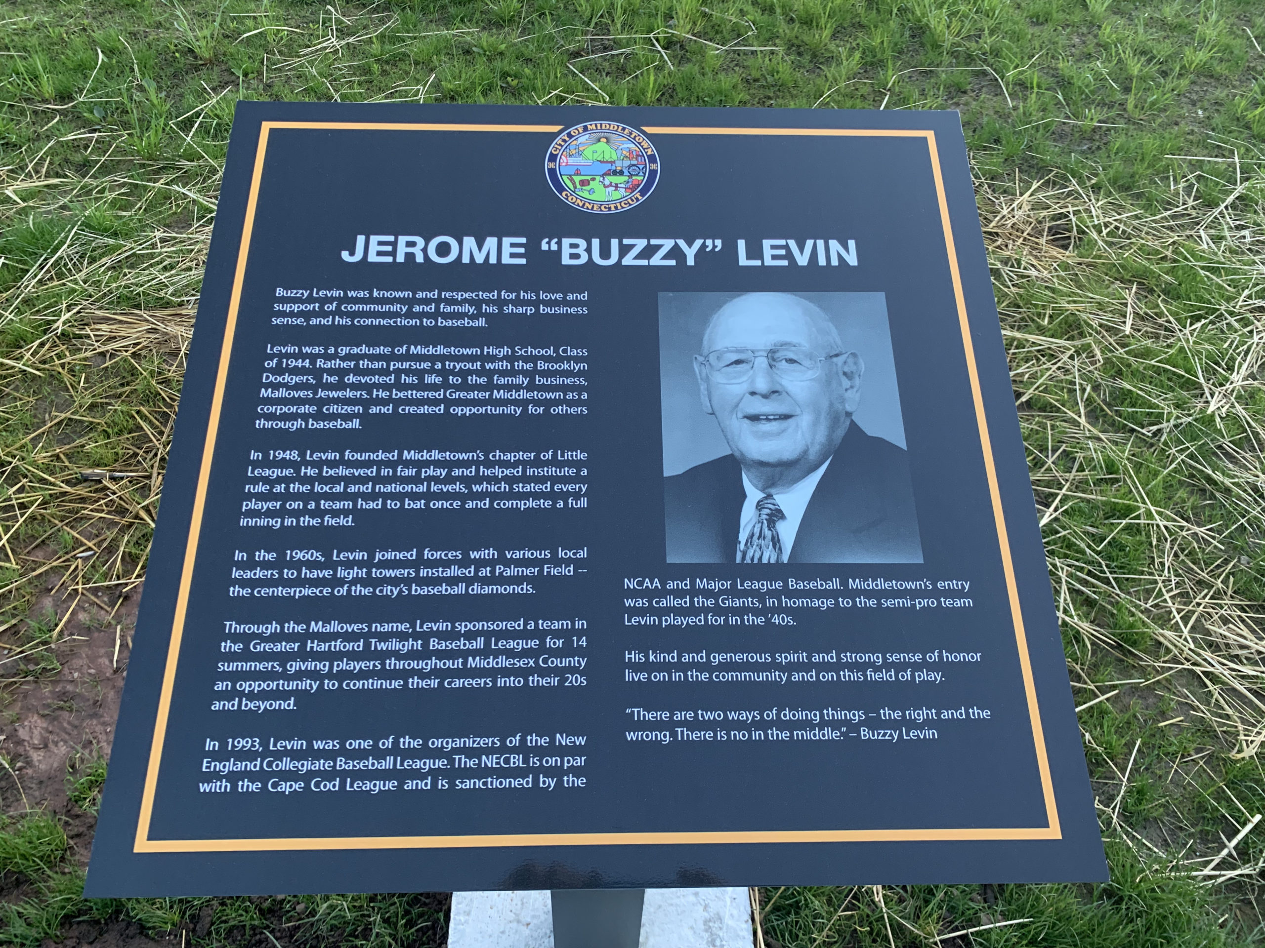 2019 Buzzy Levin Field Plaque Middletown Baseball
